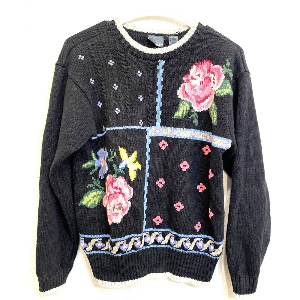 Vintage Grandmacore Liz Wear Embroidered Sweater Small Floral Cottage Claiborne‎